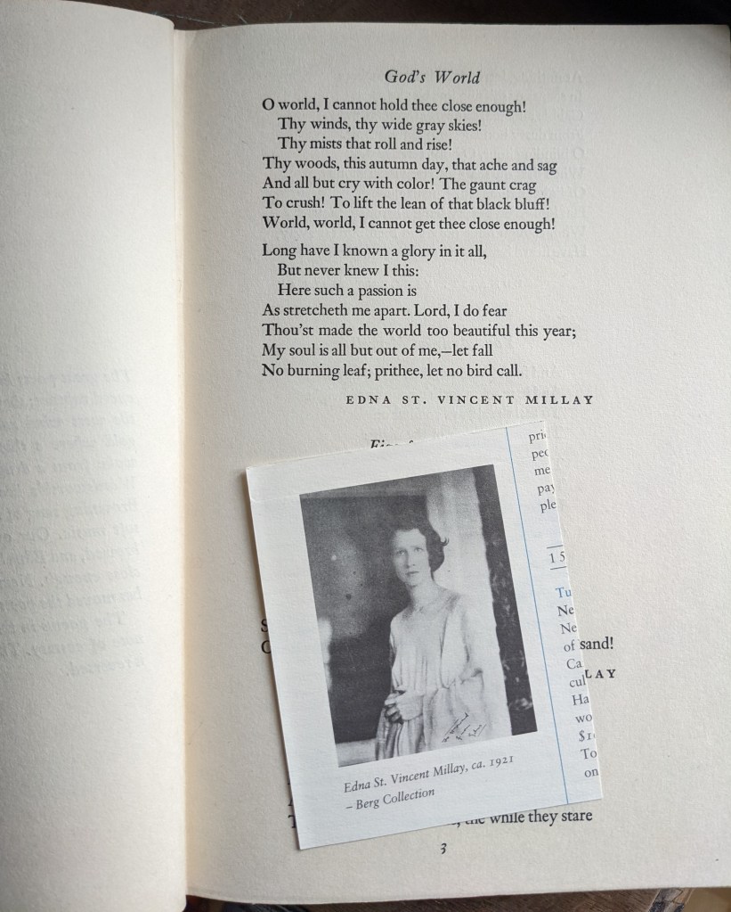 Image of poet Edna St. Vincent Millay portrait on top of her poem God's World on book page