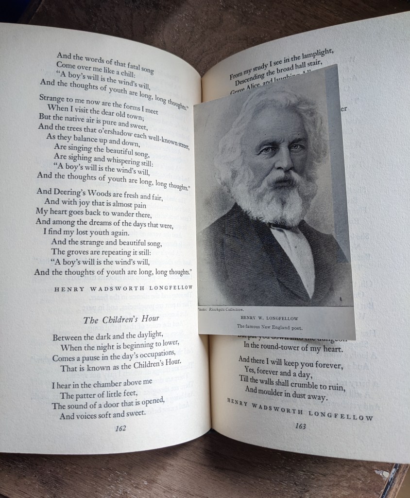 Image of poet Henry Wadsworth Longfellow portrait on top of book page with poem The Children's Hour